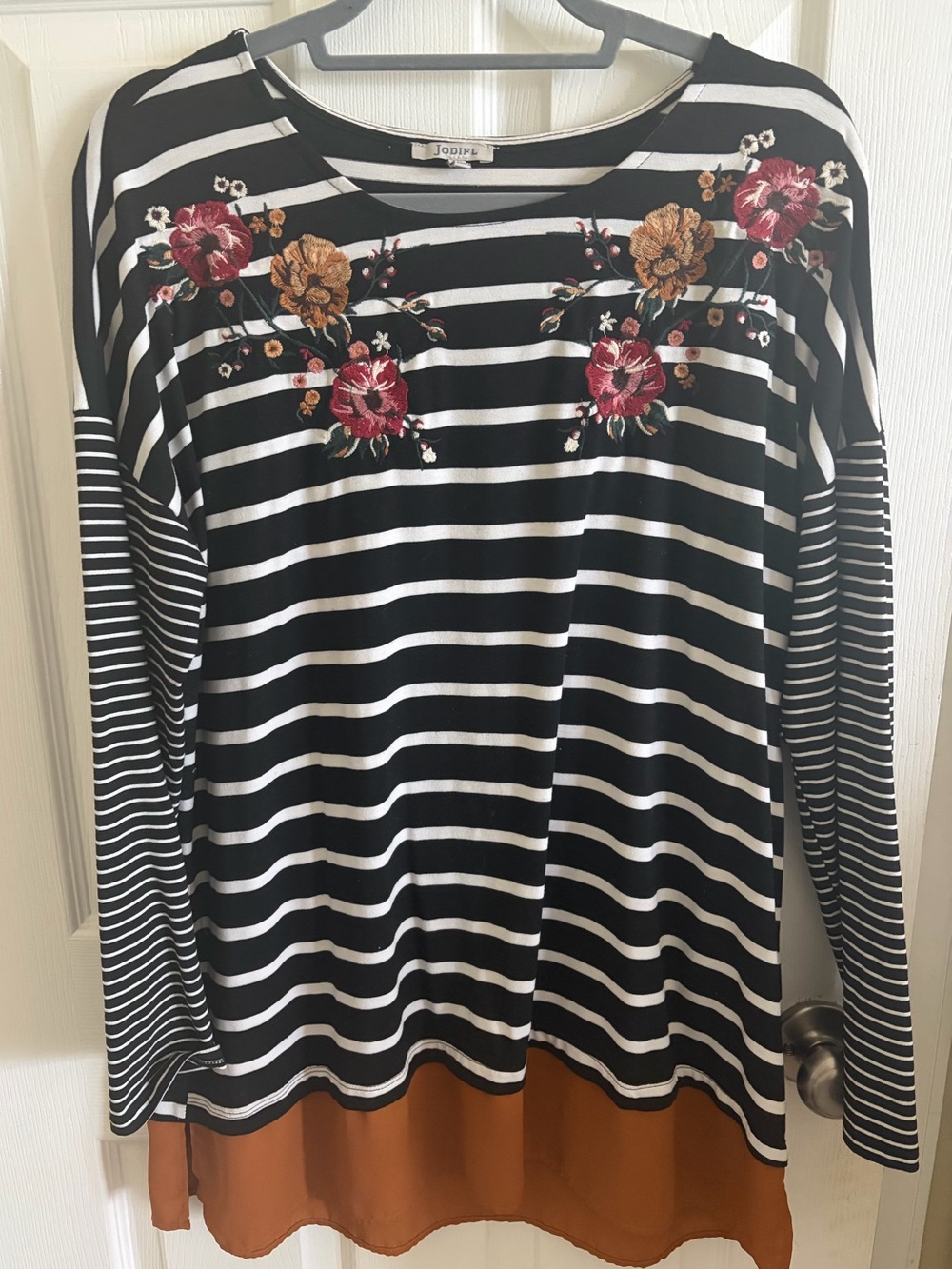 Fall Black & White Striped Floral Embroidered Long Sleeve Blouse with Rust Hem